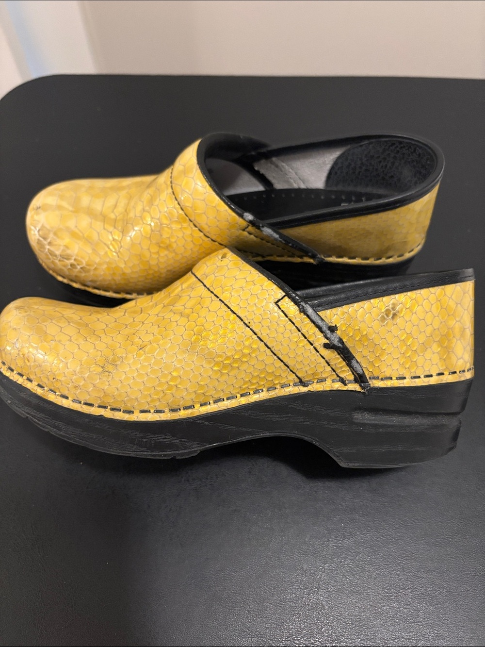Dansko Yellow Snakeskin Embossed Leather Clogs Size 36